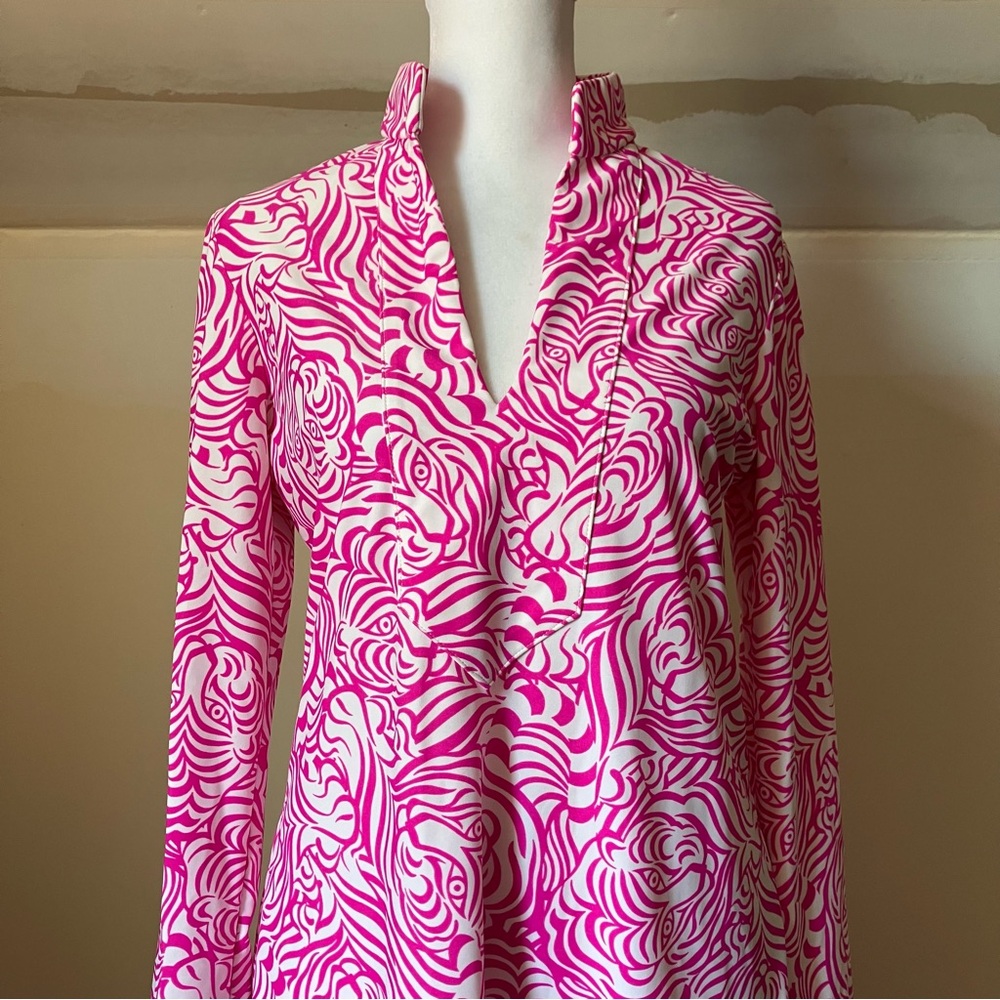 Jude Connally Pink/White Hidden Tiger Long Sleeve Collared Dress size Small - Picture 4 of 10